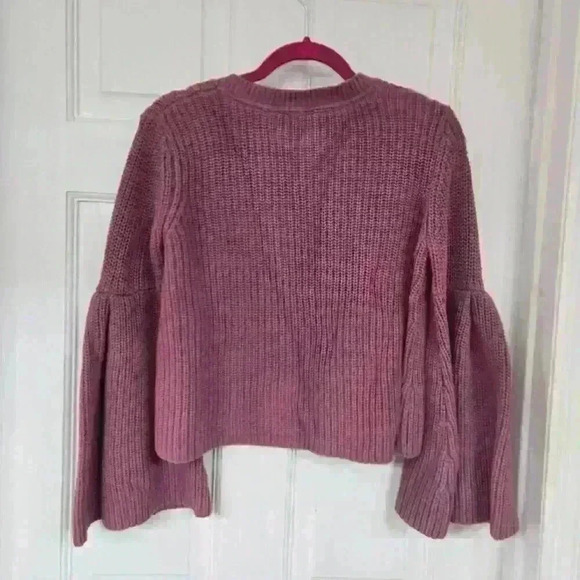 Free People Rose Pink Damsel Bell Sleeve Cotton Vneck Knitted Sweater,Size M - Picture 6 of 6